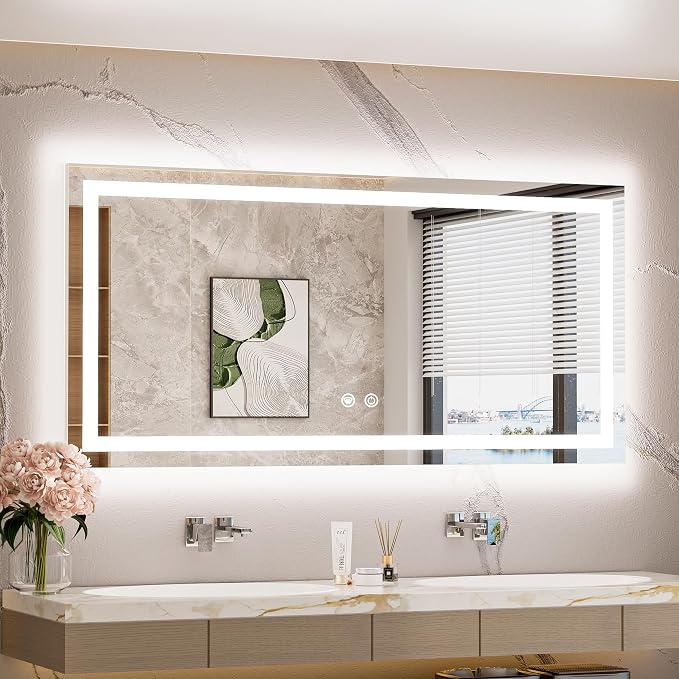 LED Light up Bathroom Mirror Wall Mounted 48 x 24 Inch Brighter Front and Backlit Lighted Bathroom Vanity Anti Fog Mirror with Lights, 3-Color Dimmable Illuminated, Waterproof