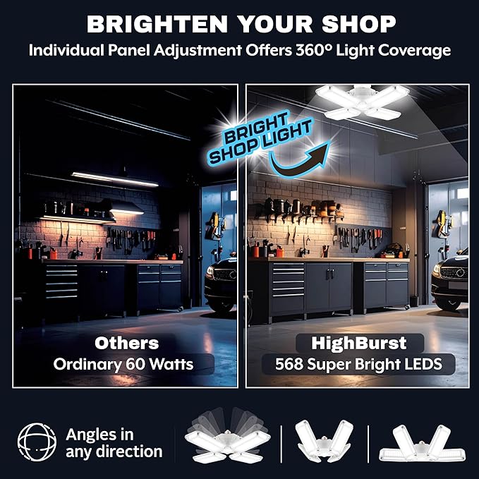 Bell+Howell HighBurst Ultra LED Garage Light Bulb – 10,000 Lumens, Super Bright Screw-in Ceiling Light - Adjustable Multi-Panel Design, for Garage, Shop, Basement, Attic – As Seen on TV