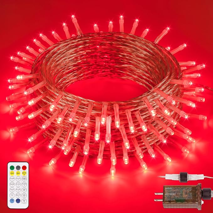 33FT 100 LED Red Christmas Valentine's Day Twinkle String Lights | Remote Control, 13 Modes with Memory, 4 Dimmable Brightness, 4 speed levels, Connectable, IP65 Waterproof, Transparent Wire