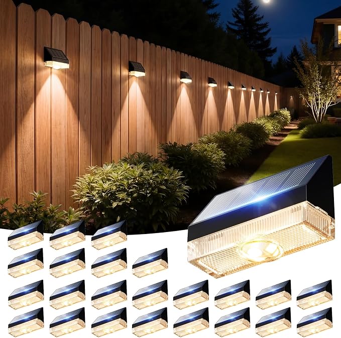 VOLISUN Fence Lights Solar Powered, Dusk to Dawn Solar Fence Lights Outdoor Waterproof with Warm White LED Spot Lens, Solar Light for Fence, Yard, Wall, Backyard, Railing, Deck, and Patio, 24 Pack
