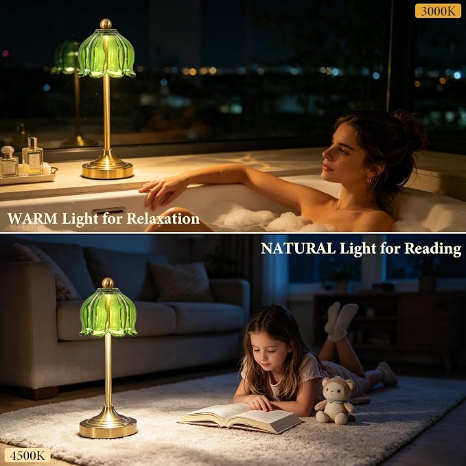 Set of 2 Vintage Cordless Green Glass Tulip Table Lamps, Accent Light