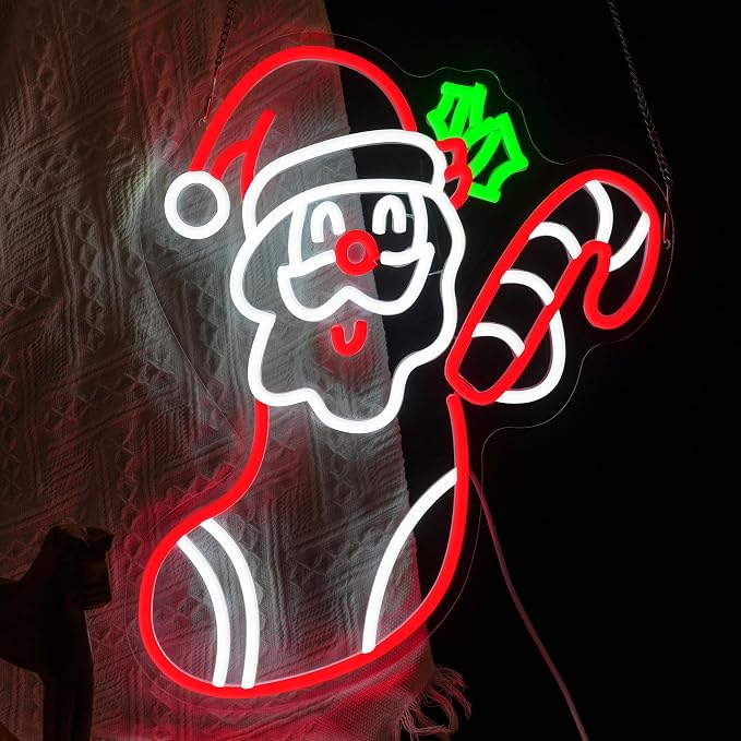 Merry Christmas Neon Sign Dimmable Santa Claus In Stockings Neon Light USB Powered Holly Led Light up Sign for Christmas Eve Party New Year Home Bar（16.5 * 12.6 In）