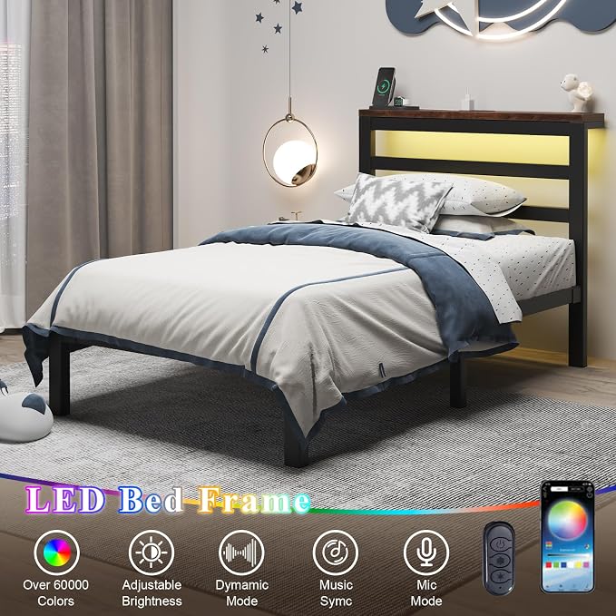 LOEWAY Twin Size Metal Bed Frame with Storage Headboard & LED Lights, Black | Built-In Charging Station, Under-Bed Storage, Heavy Duty Metal Slats, No Box Spring Needed, Solid and Stable, Easy Assembly