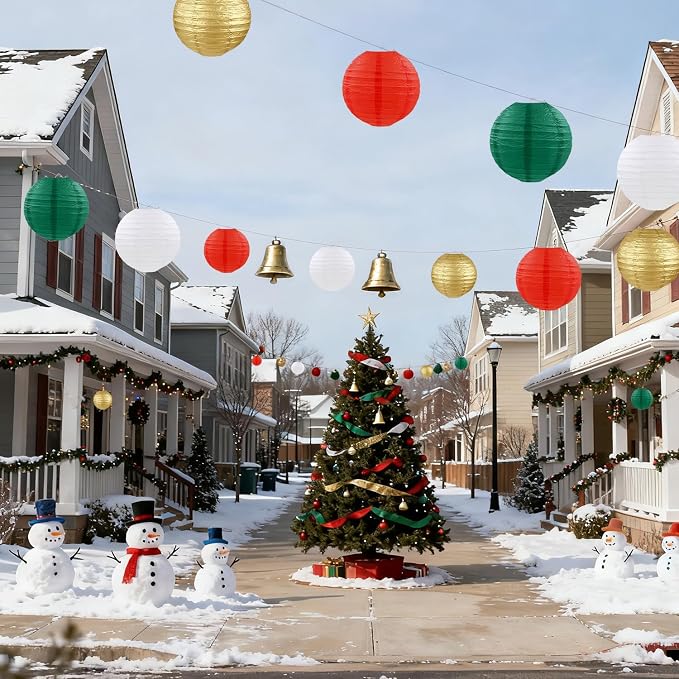 Christmas Paper Lanterns Red Green White Gold Hanging Paper Lanterns for Birthday Wedding Festival Christmas Party Decorations (12 PCS)