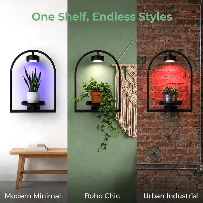 2 Pack Plant Wall Shelf with Grow Light, Wall Mounted Hanging Planter Shelf | Wall Plant Holder with Remote Control LED Plant Light, Floating Indoor Plant Shelf for Bedroom Living Room Apartment Boho