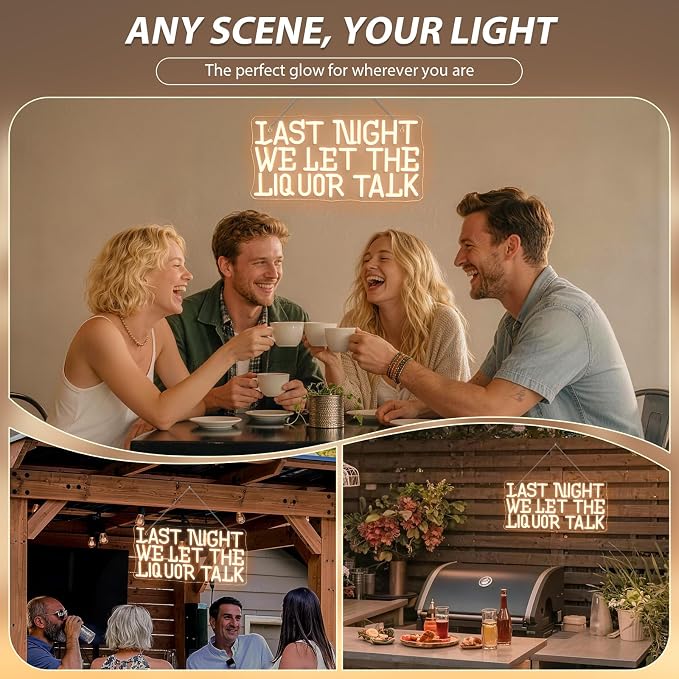Last Night We Let The Liquor Talk Neon Sign Hilarious LED Bar Wall Decor for Home Bars, Taverns & Party Basements, USB-Powered Adjustable Brightness, Drinking Neon Sign