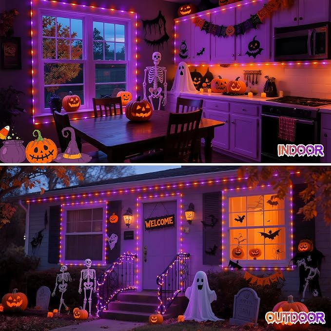 JMEXSUSS 2 Pack Orange and Purple Battery Operated Halloween String Lights | Total 200LED 8 Modes Remote Control Battery Powered Rope Lights Outdoor Waterproof for Halloween Decor