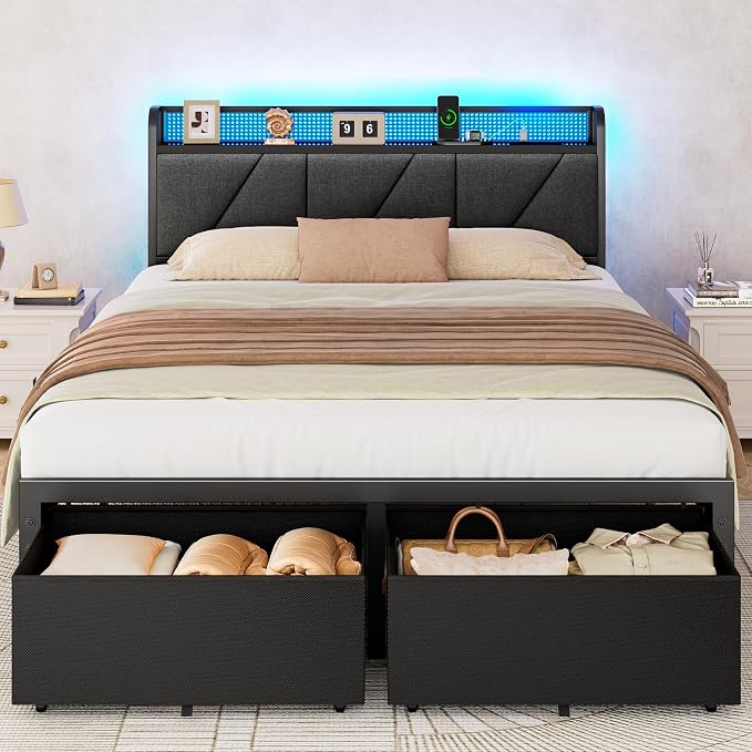Queen Bed Frame with 2 Storage Drawers & Upholstered Headboard | Metal Platform Bed with Storage Shelf, Charging Station, LED Lights and Heavy-Duty slats, No Spring Box Needed, Noise-Free
