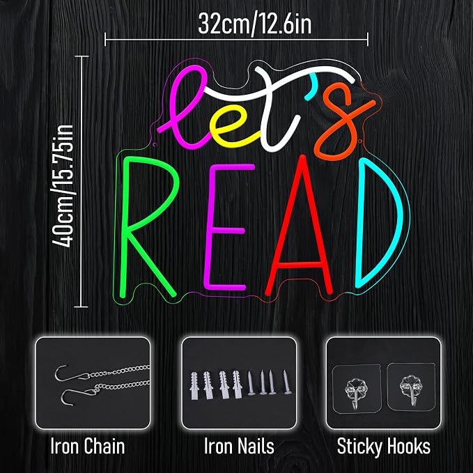 Let's Read Neon Sign for Wall Decor Neon Light Reading USB Powered Reading Motivational Light LED Sign for Classroom School Study Space Bedroom Club(12.6 * 15.35In)