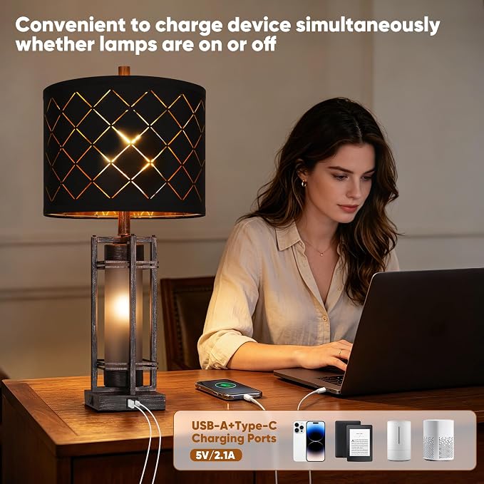 WIHTU 27'' Modern Table Lamp with Nightlight, Metal Bedside Lamps,Black ORB | Black Grid Shade, Square Base, LED Bulbs Included E26 Base, with USB Port, Rocker Switch, Desk Lamps for Living Room, Bedroom