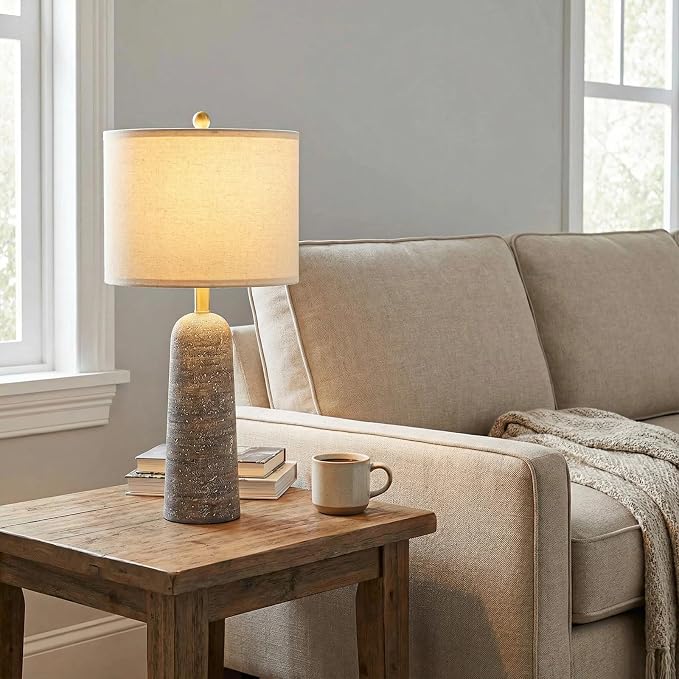 BOBOMOMO 27.25" Modern Table Lamp Set of 2, Light Grey Resin Table Lamps with Stone Look, Lamps for Living Room with Linen Shades, Bedroom Nightstand Lamps, Table Lamps for Living Room End Tables