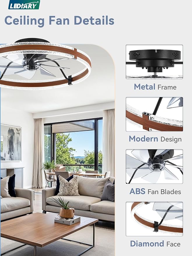 LEDIARY 24'' Modern Low Profile Ceiling Fans with Lights and Remote, Walnut | 3000-6000K Dimmable LED, 6 Wind Speeds, Quiet Reversible DC Motor, Small Flush Mount Fandelier for Bedroom, Living Room