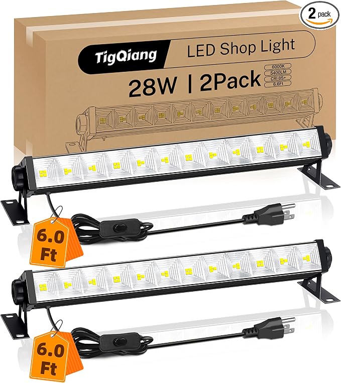 TigQiang 2 Pack 28W LED Shop Light, Plug in Garage Light, LED Work Light | 5400 Lumens, 6.0 Foot Power Cord and Switch, 6000K Daylight White for Workshop, Warehouse, Yard, Workbench, Basement