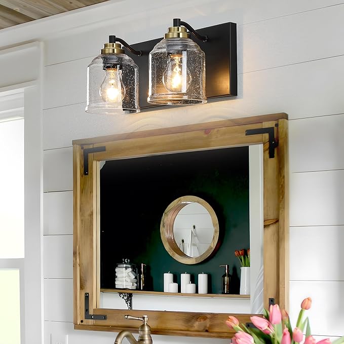 Vanity Lights for Bathroom Large 15.8", Farmhouse Rustic Vanity Light with Bubble Glass Shades, Black and Gold 2 Light Bathroom Lighting Fixtures Over Mirror, Bath Wall Sconce Home Decor