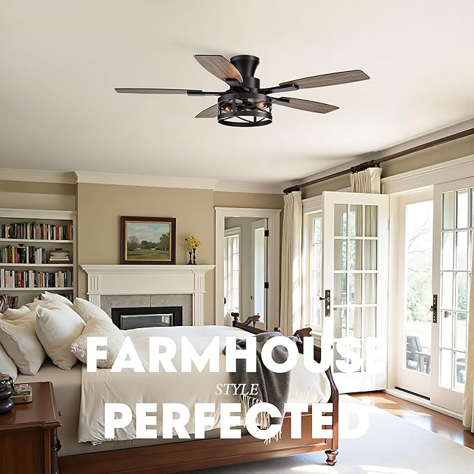 52-Inch Farmhouse Flush Mount Ceiling Fan Vintage wood-grain blades quiet powerful motor warm ambient light ideal for indoor spaces, bedrooms, living rooms farmhouse patios.