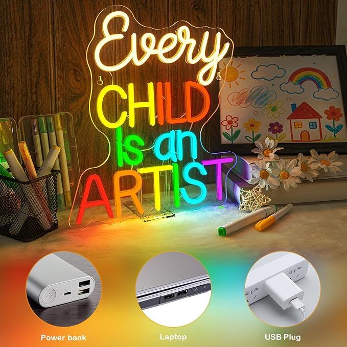 Classroom Lights Sign Every Child is an Artist Neon Sign Dimmable LED Lights Up Library Reading Neon Signs for Wall Decor in Art Classroom Reading Corner LED Books Decor Gifts for Teachers