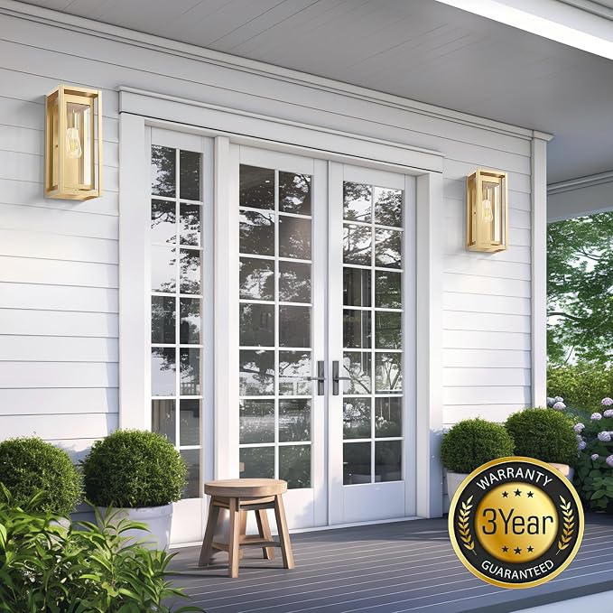 15" Outdoor Wall Lights, Gold Exterior Lighting Fixtures, 2 Pack | Large Size, Anti-Rust, Waterproof, Tempered Glass, Easy Installation, Modern & Classic Outdoor Sconces for House Porch Garage