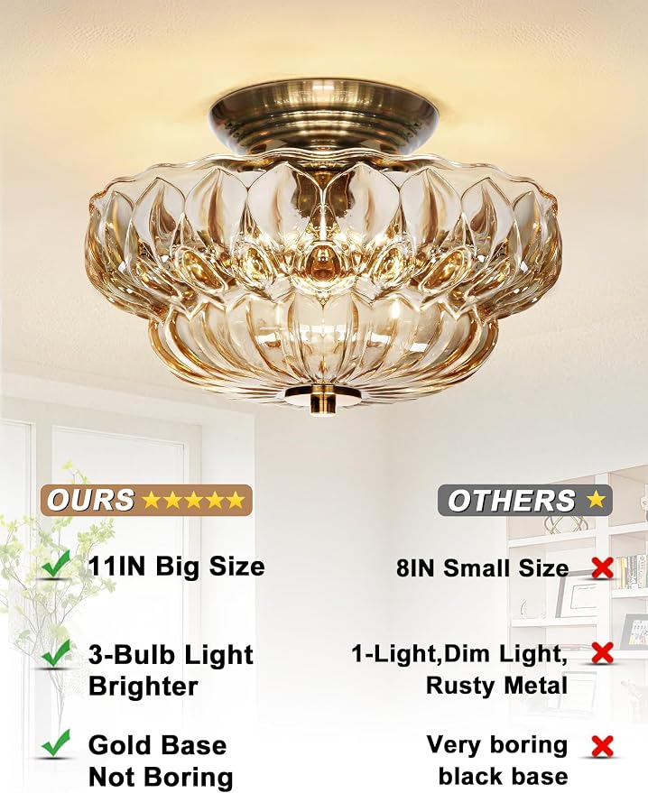 Semi Flush Mount Ceiling Light,Vintage Gold Hallway Lights Fixture | 11IN 3-Bulb Bright Even Light,Amber Glass Close to Ceiling Light for Bathroom, Hallway, Dining Room,Bulb Not Included