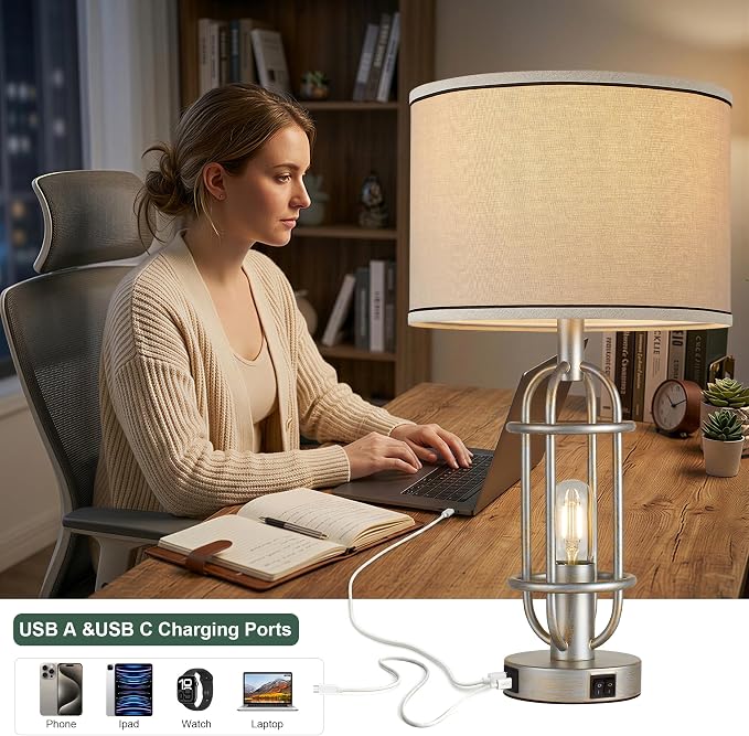 Reaketon Table Lamps for Living Room Set of 2, 22.3" Farmhouse Lamps for Nightstand, Industrial Table Lamps for Bedroom with USB Ports, Bulbs Included