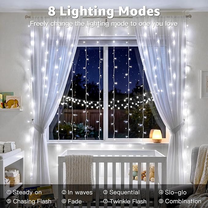 Ollny Curtain Lights 600 LED 19.7x9.8ft, Outdoor Waterproof String Lights for Backdrop, Fairy Light with Remote Timer 8 Modes, Plug in Christmas Light for Wall Wedding Patio Gazebo, Cool White