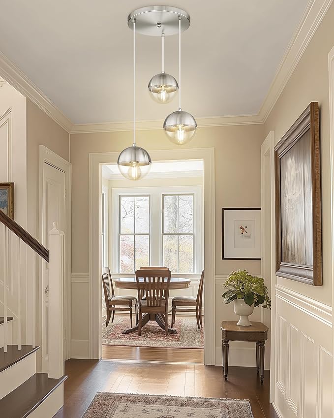 Modern Brushed Nickel 3-Light Cluster Pendant Lights, Mid Century Pendant Lighting with Clear Globe Glass Shade, Adjustable Hanging Cord Ceiling Light for Bathroom Dining Room, LMS-186BNC3