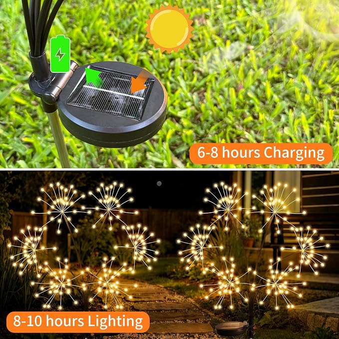 2 Pack Solar Garden Lights Outdoor Waterproof, New Upgraded 6 Branches Firework Starburst Lights with 2 Modes, Solar Fairy Lights for Yard Garden Patio Pathway Party Decor - Warm White