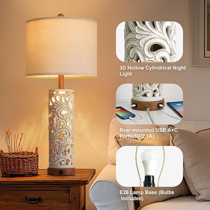 2-in-1 Light Table Lamp Set of 2 for Living Room, 28.5" Farmhouse Bedside Lamps with USB Charging Port, Main&Night Light & Dual Switches, Nightstand Lamp for Bedroom Home Office(Bulb Included)