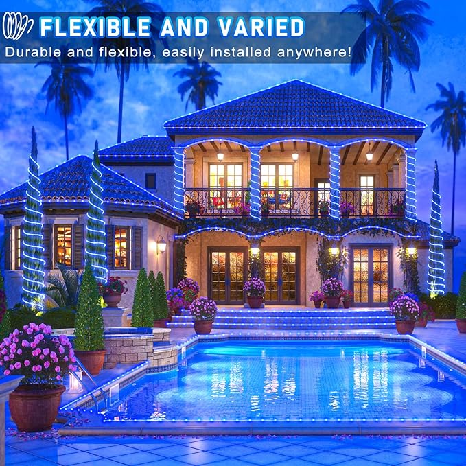 66FT 200 LED Rope Lights Outdoor Waterproof, Connectable Rope Lights for Outside with 8 Modes, Plug in Flexible String Lights for Indoor Garden Backyard Tree Patio Pool Tree Party Decorations - Blue