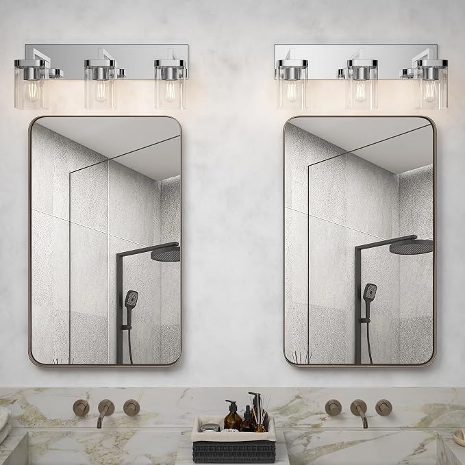 Chrome Bathroom Vanity Light, Square Design 3 Lights Morden Vanity Lighting Fixtures Over Mirror, Bathroom Light Fixtures for Living Room/Bedroom