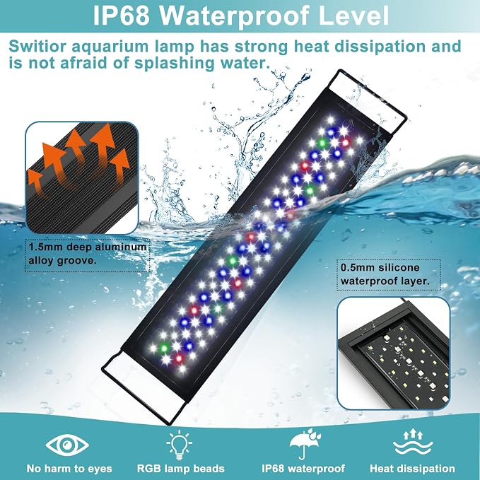 24/7 LED Aquarium Light, IP68 Waterproof Extendable Bracket Fish Tank Light with Timer, 7 Colors, 10 Level Adjustable Brightness, DIY Mode Full Spectrum Aquarium Plant Light for 30-36 Inch Fish Tank