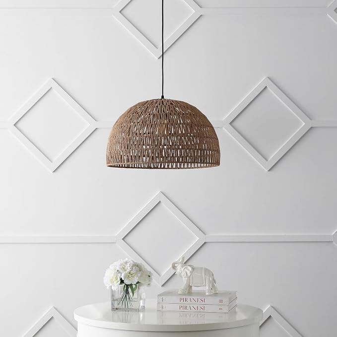 JONATHAN Y Campana 1-Light Pendant Dome Ceiling Lamp, 20", Brown | Modern Coastal Farmhouse Decor, Adjustable Height, Woven Rope Metal Frame, LED Bulb Included, UL Listed
