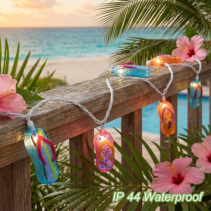 8.5Ft Tricolor Slipper String Lights, Outdoor Tropical Beach Themed Flip-Flop Light with 10 Plastic Bulbs, Summer Waterproof Hanging Slipper Lights for Outside Patio Garden Tent Party Decor, White