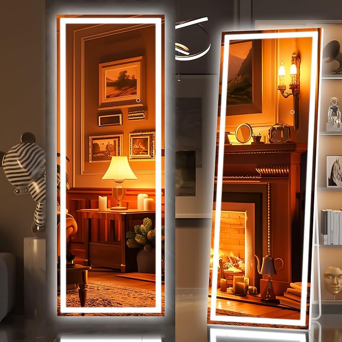 Hasipu Full Length Mirror with Lights, 58" x 18" LED Lighted Floor Standing, Full Body Dressing Hanging Mounted Mirror, Tempered Glass, Square White