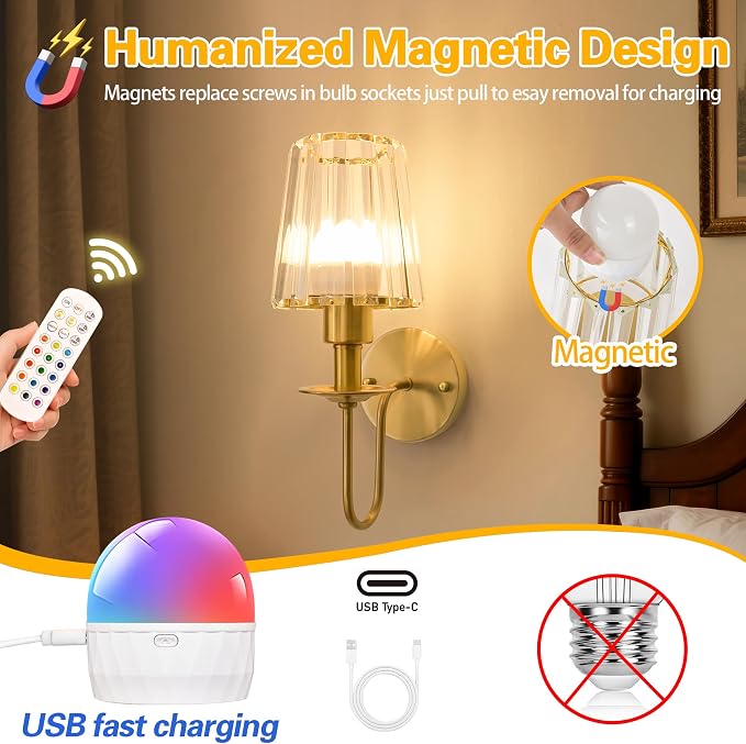 Battery Operated Wall Sconces Set of 2, Gold Crystal Wall Lights | 5200mAh rechargeable wall lights with magnetic bulbs, remote control, 15 colors, 10-level dimming and timer for bedrooms