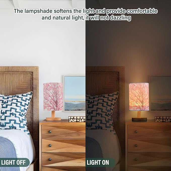 Table Lamp Pink Cherry Blossom Tree Spring Flower Nightstand Lamp with Wood Base Fabric Lamp Shade Bedside Desk Lamp for Living Room Bedroom Kids Room Office