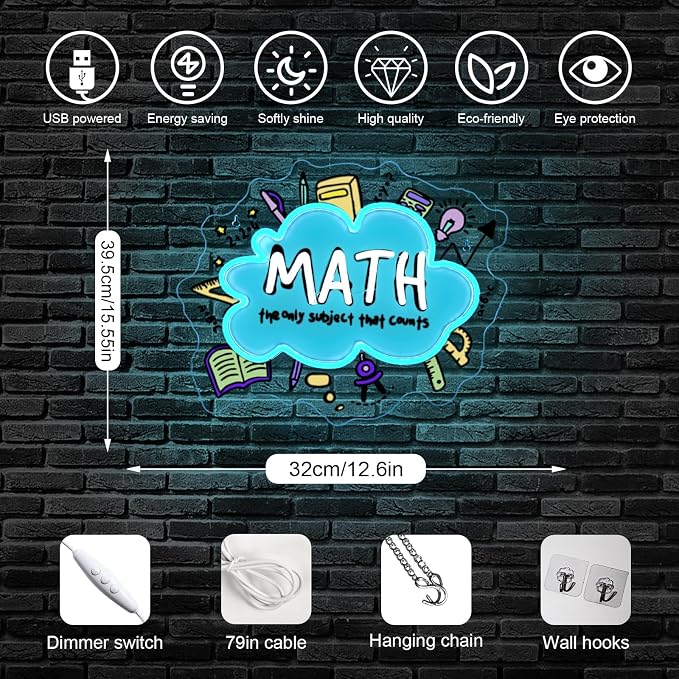 Horseneon Math Neon Sign Educational LED Wall Decor for Classrooms, Study Rooms & Math Teacher Gifts, USB-Powered with Adjustable Brightness, Scientific-Themed Lighting