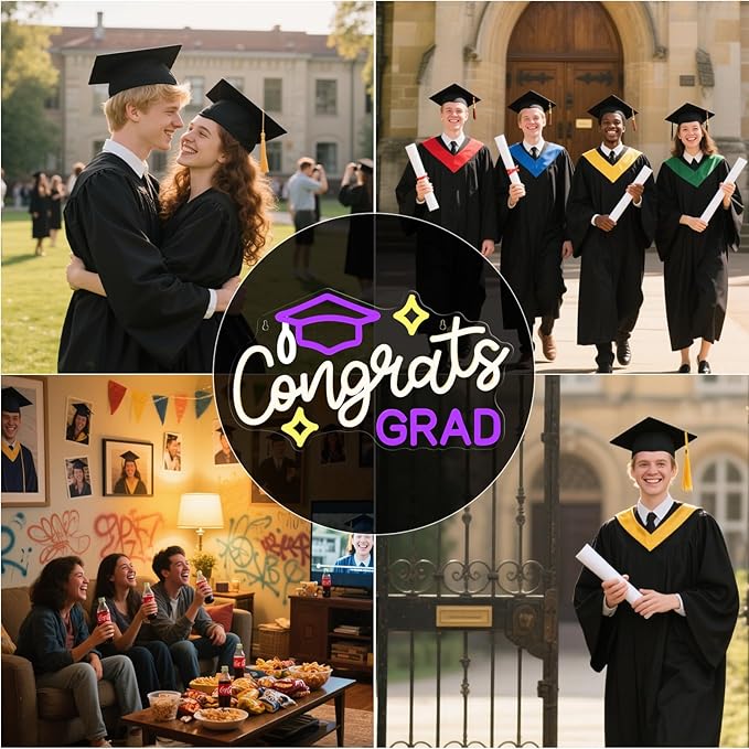 Congrats Grad Neon Sign with Cap - 16.93" x 10.63" Dimmable LED Graduation Light Up Signs Grad Light Sign for Class of 2026 Celebrations, Prom Party, Room Dorm Backdrop, Graduation Gift