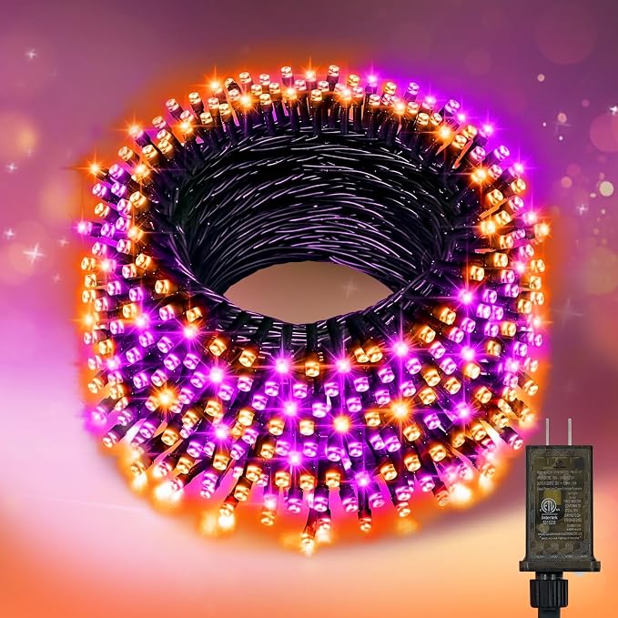 Nisocy 100FT Purple and Orange Halloween String Lights, Green Wire LED Mini Lights with 8 Modes and Timer, Plug-in Indoor Outdoor Lights for Trees, Porch, Fence, Yard, Fall and Thanksgiving Decor