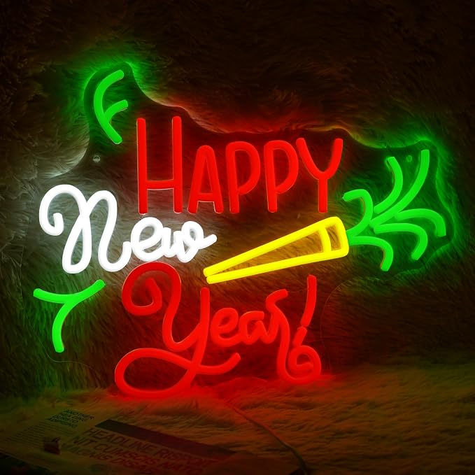 GNVETZLL Happy New Year Neon Sign for Wall Decor Dimmable Colorful New Year LED Light Sign for Bar Party Celebrate New Year Christmas Decoration(15.75 * 12.6In)