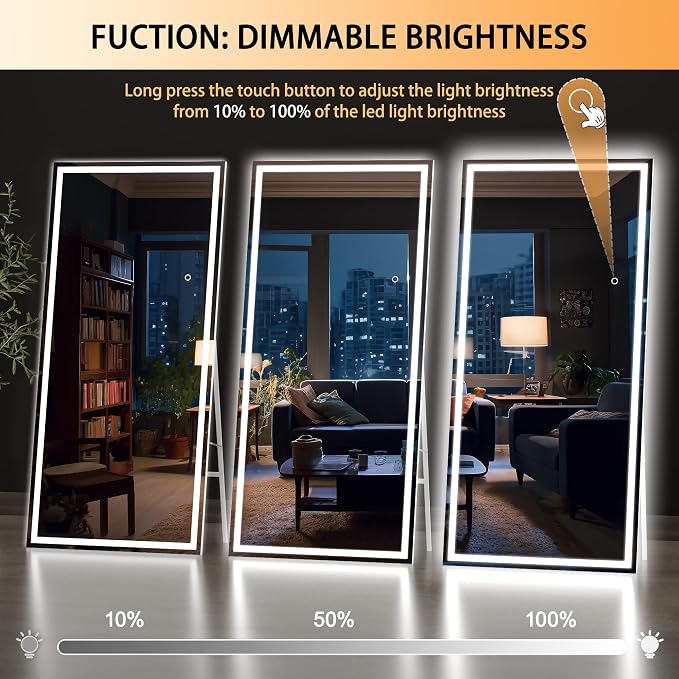 Hasipu Full Length Mirror with Lights, 71" x 27.6" LED Lighted Floor Standing, Full Body Dressing Hanging Mounted Mirror, Tempered Glass, Square White