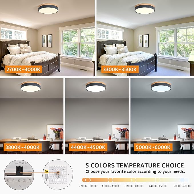 Yiisem Dimmable Wood LED Flush Mount Ceiling Light, Grey, 11.8 in | 5CCT 2700K-6000K Modern Close to Ceiling Lighting Fixtures, Round Ceiling Lamp for Bedroom, Kitchen, Hallway, Laundry Room