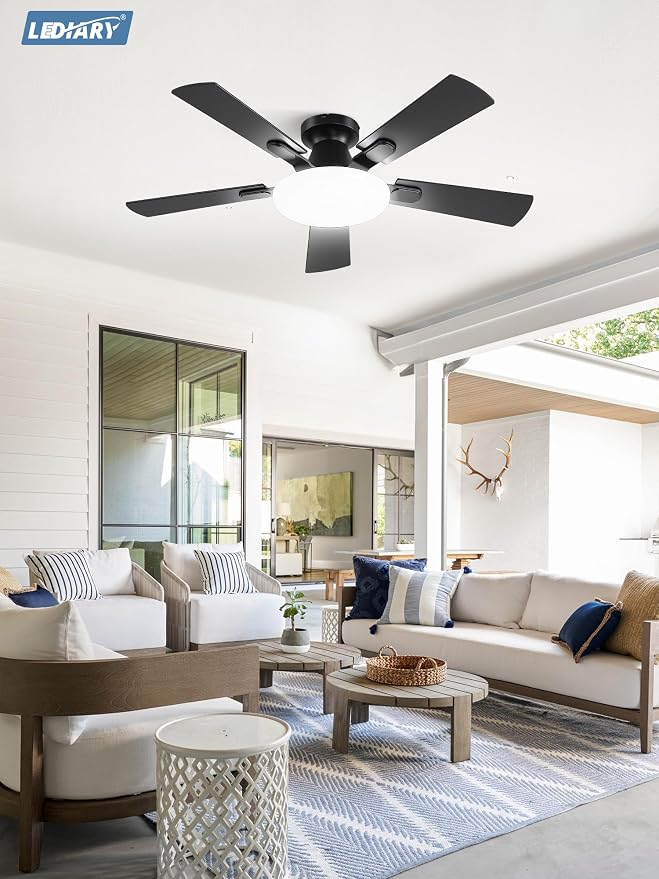 LEDIARY 42 Inch Flush Mount Ceiling Fans with Lights, Remote & APP Control | Bright Light, 3CCT, Dimmable, Memory Function, Timer, Reversible Blade, Quiet DC Motor, Damp-Rated, Bedroom, Covered Patio