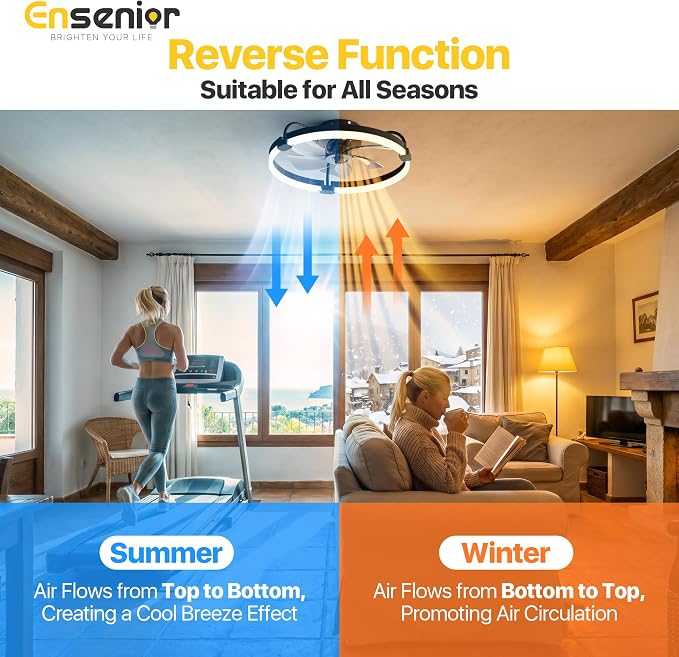 Ensenior 20 Inch Flush Mount Ceiling Fans with Lights, APP Control, Black | Quiet Reversible Motor, Night Light Mode, 6 Speeds, 3CCT, Dimmable, Low Profile, Remote, Memory Function, Timer, Bedroom