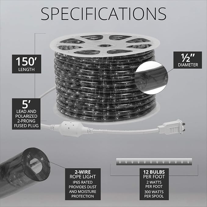 Wintergreen Lighting 150ft 1800-Bulb Incandescent Heavy Duty Rope Light Spool, 120V ETL Indoor Rope Lights Plugin Outdoor Tube Lights ½ Inch, Accessories and Mounting Clips Included, Clear