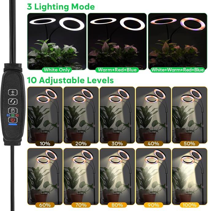 Grow Lights for Indoor Plants, 2-Head Full Spectrum & 3/9/12H Timer, Black | 144 LEDS Plant Light, 10 Dimmable Levels Indoor Plant Light, Flexible Gooseneck, 14"-23" Height Adjustable, Metal Base
