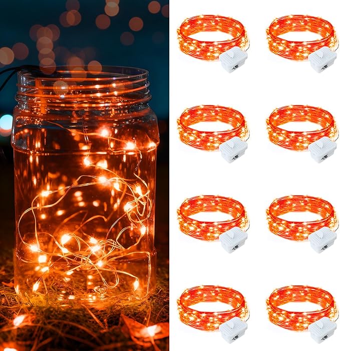 8 Pack Orange Fairy Lights Battery Operated, 7ft 20 LED Mini String Twinkle Lights for Christmas Halloween Mason Jars Centerpiece Table Decorations (8, Orange)