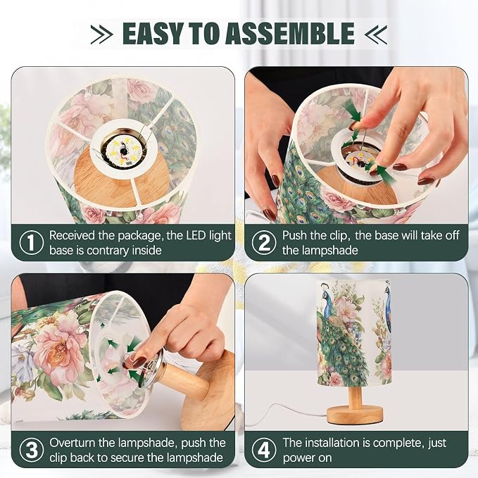 Fustylead Beautiful Peacocks and Flowers Bedside Table Lamps with USB Port for Bedroom Lamp Small Nightstand Lamp Sturdy Linen Shade Wooden Decorative Lamps for Living Room Home Dorm Kids