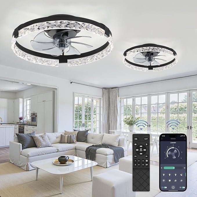 LEDIARY 2 Pack 20" Modern Ceiling Fans with Lights and Remote, Black | Fandelier, Dimmable Low Profile, Flush Mount, Stepless Color Temperature Change, 6 Speeds, Bedroom, Living Room, Kitchen