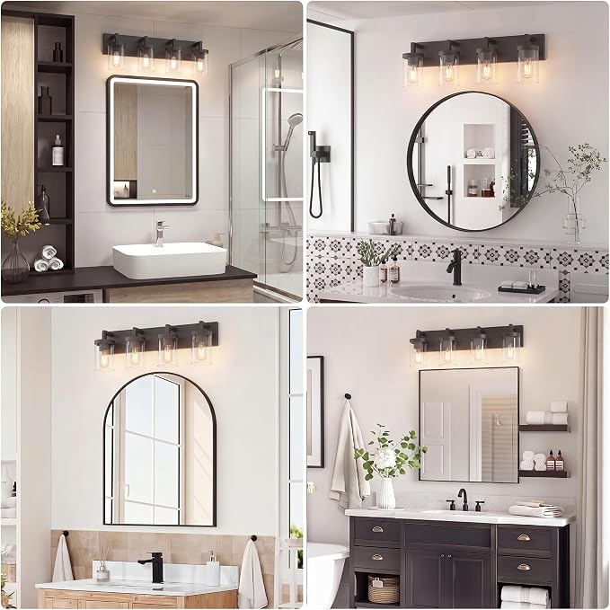 Bathroom Vanity Light, 4 Light Matte Black Vanity Light with Clear Glass Shade, 30in Farmhouse Vanity Light, Bathroom Lighting Fixtures Over Mirror for Bathroom