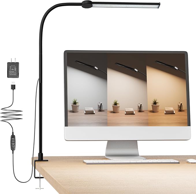 CUHIOY Desk Lamp with Clamp, 27" Flexible Goose-Neck Light for Craft Sewing | 650LM 80 LEDs Wide Head Desk Light, Sturdy 2.2" Metal Clamp, 3 Color Modes & 3 Brightness Levels, Power Adapter Included